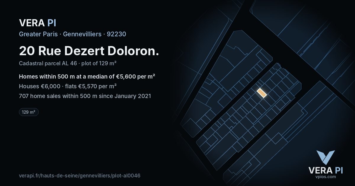 20 Rue Dezert Doloron, Gennevilliers at night – the plot lit, the parcels around coloured by the prices near them