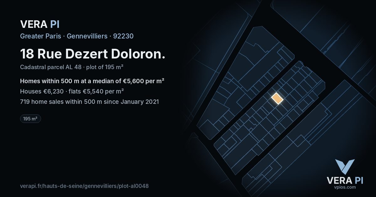 18 Rue Dezert Doloron, Gennevilliers at night – the plot lit, the parcels around coloured by the prices near them