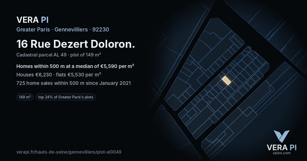 16 Rue Dezert Doloron, Gennevilliers at night – the plot lit, the parcels around coloured by the prices near them