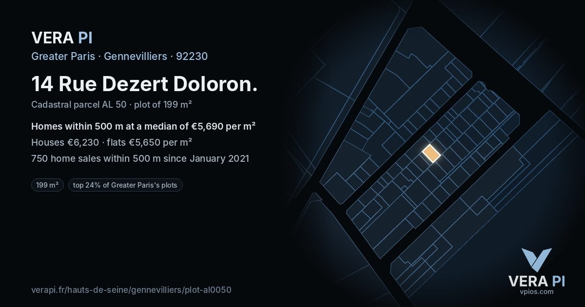 14 Rue Dezert Doloron, Gennevilliers at night – the plot lit, the parcels around coloured by the prices near them