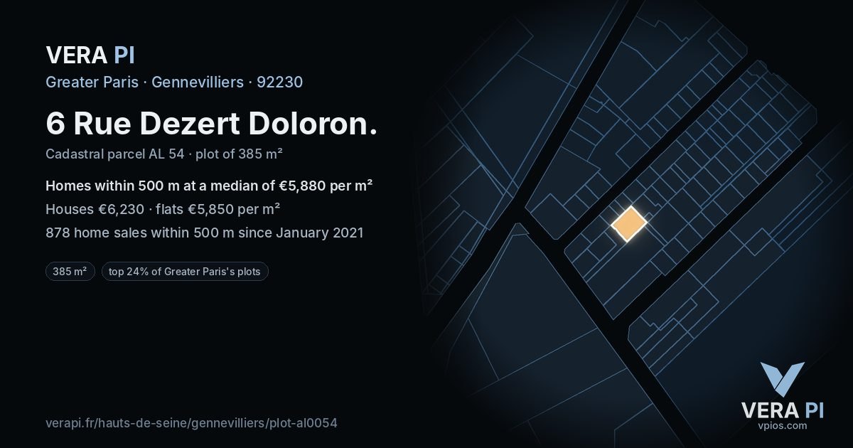 6 Rue Dezert Doloron, Gennevilliers at night – the plot lit, the parcels around coloured by the prices near them