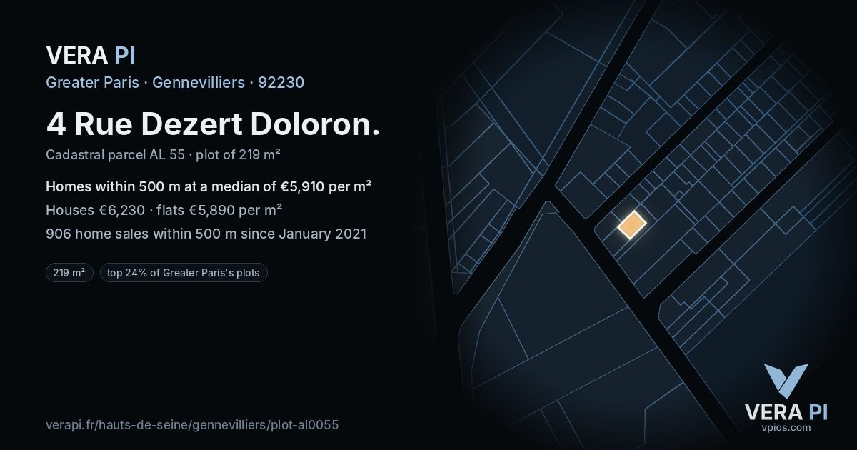 4 Rue Dezert Doloron, Gennevilliers at night – the plot lit, the parcels around coloured by the prices near them