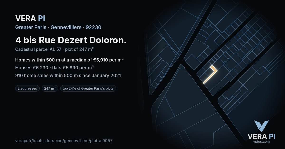 4 bis Rue Dezert Doloron, Gennevilliers at night – the plot lit, the parcels around coloured by the prices near them