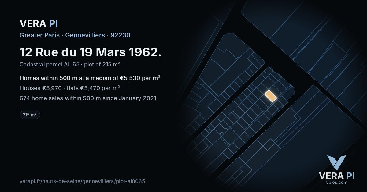 12 Rue du 19 Mars 1962, Gennevilliers at night – the plot lit, the parcels around coloured by the prices near them