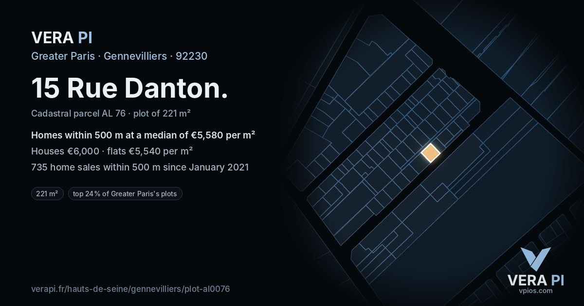 15 Rue Danton, Gennevilliers at night – the plot lit, the parcels around coloured by the prices near them