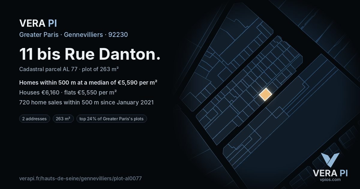 11 bis Rue Danton, Gennevilliers at night – the plot lit, the parcels around coloured by the prices near them
