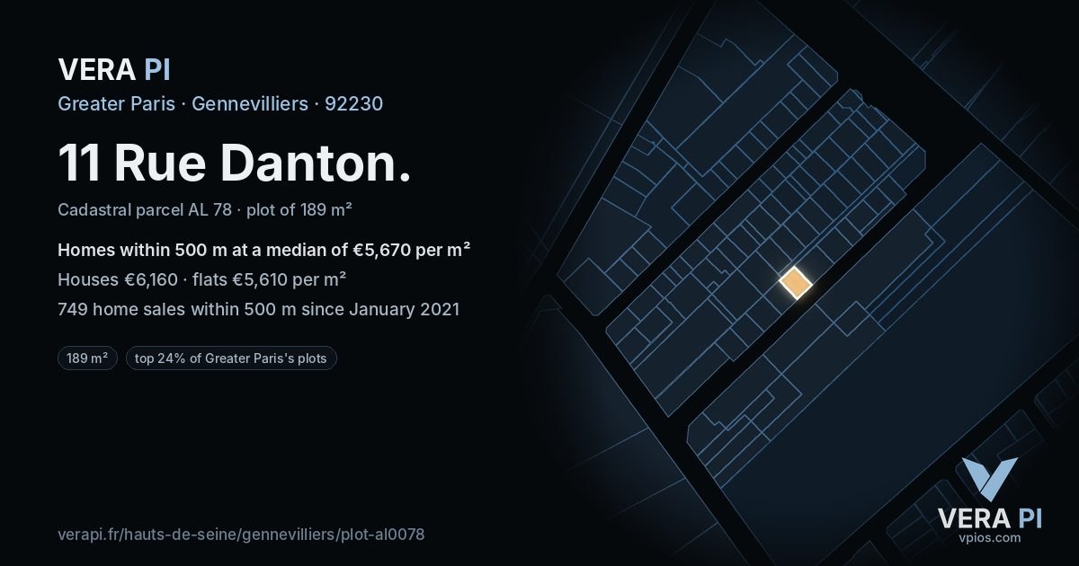 11 Rue Danton, Gennevilliers at night – the plot lit, the parcels around coloured by the prices near them