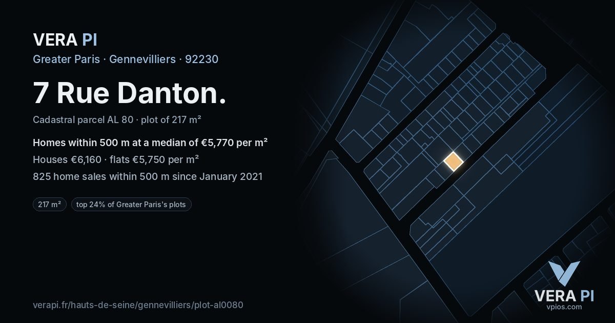 7 Rue Danton, Gennevilliers at night – the plot lit, the parcels around coloured by the prices near them