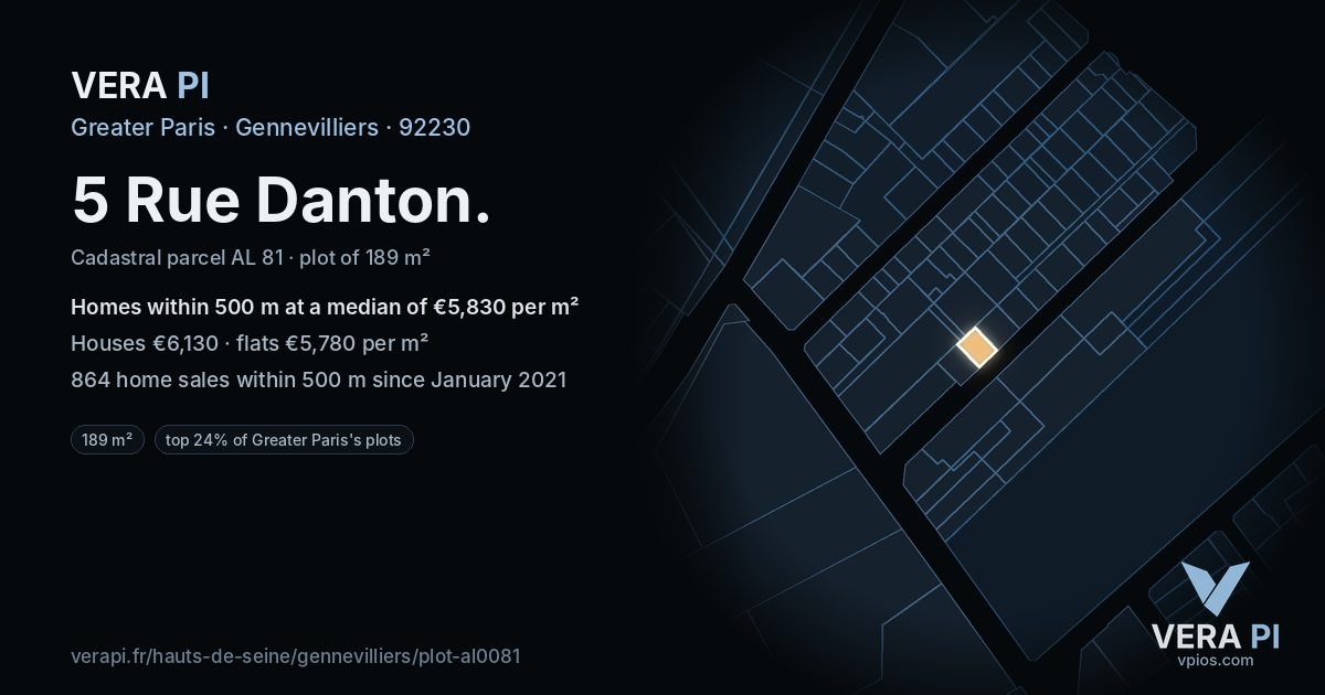 5 Rue Danton, Gennevilliers at night – the plot lit, the parcels around coloured by the prices near them