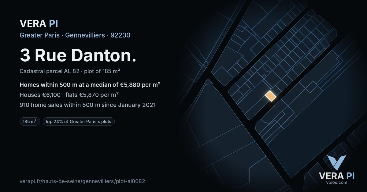 3 Rue Danton, Gennevilliers at night – the plot lit, the parcels around coloured by the prices near them