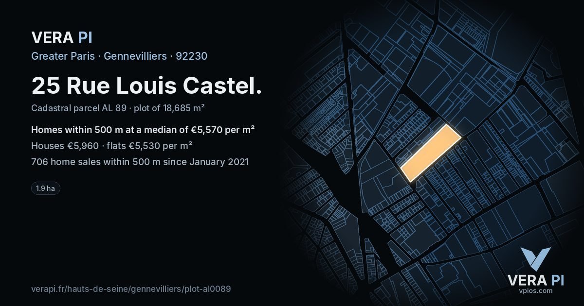 25 Rue Louis Castel, Gennevilliers at night – the plot lit, the parcels around coloured by the prices near them