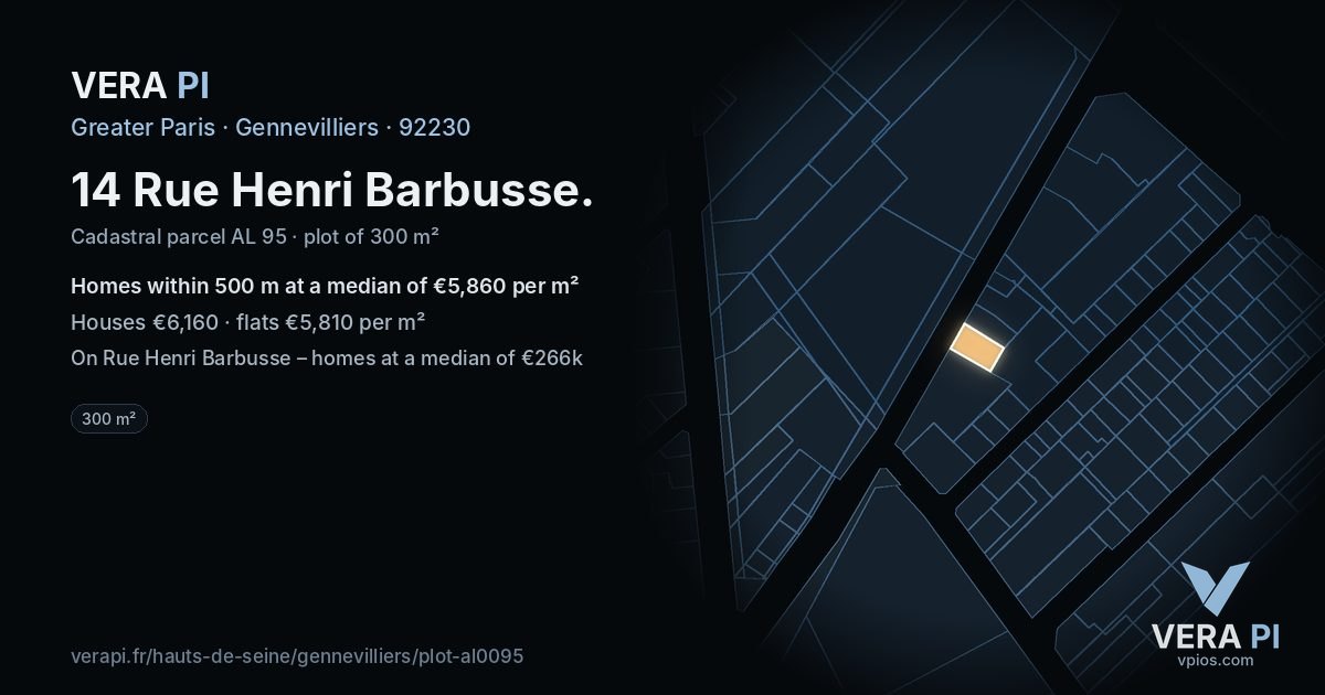 14 Rue Henri Barbusse, Gennevilliers at night – the plot lit, the parcels around coloured by the prices near them