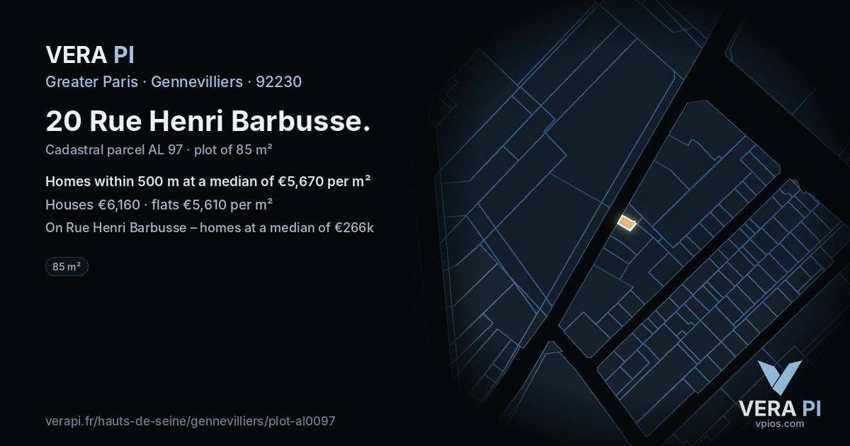 20 Rue Henri Barbusse, Gennevilliers at night – the plot lit, the parcels around coloured by the prices near them