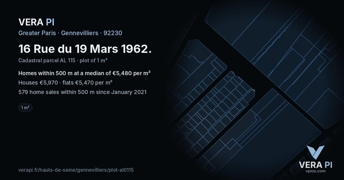 16 Rue du 19 Mars 1962, Gennevilliers at night – the plot lit, the parcels around coloured by the prices near them