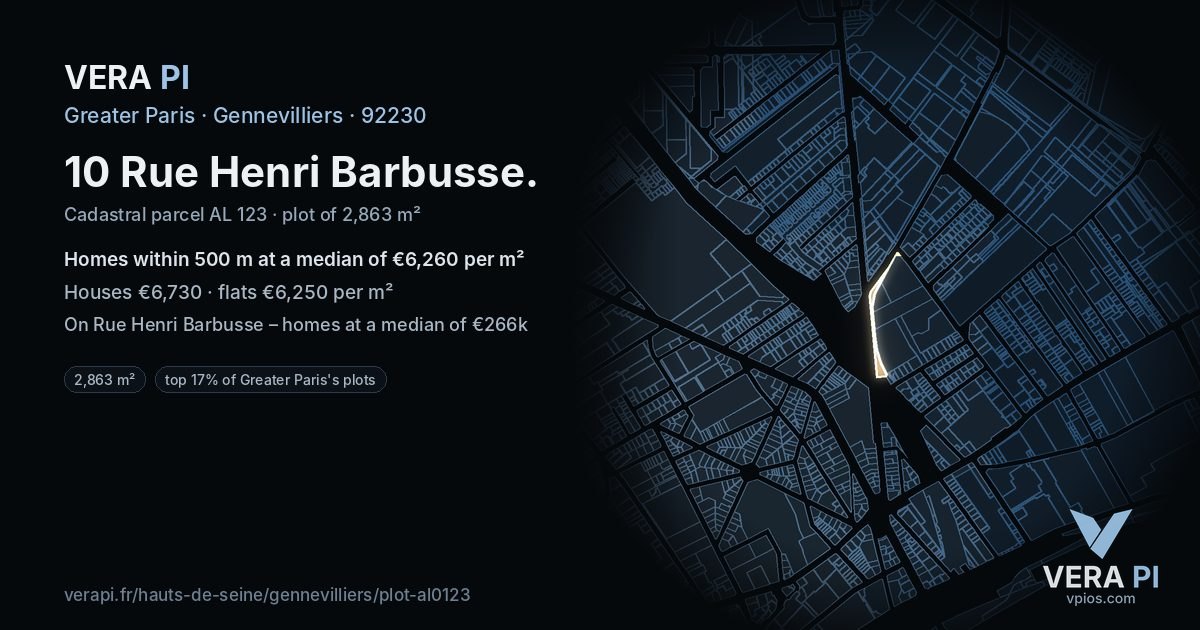10 Rue Henri Barbusse, Gennevilliers at night – the plot lit, the parcels around coloured by the prices near them