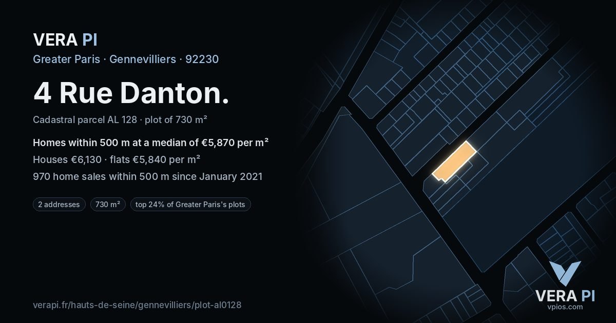 4 Rue Danton, Gennevilliers at night – the plot lit, the parcels around coloured by the prices near them