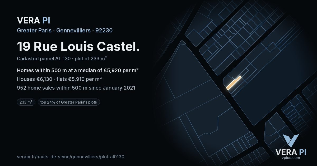 19 Rue Louis Castel, Gennevilliers at night – the plot lit, the parcels around coloured by the prices near them