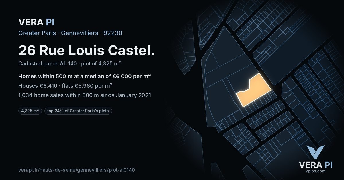 26 Rue Louis Castel, Gennevilliers at night – the plot lit, the parcels around coloured by the prices near them