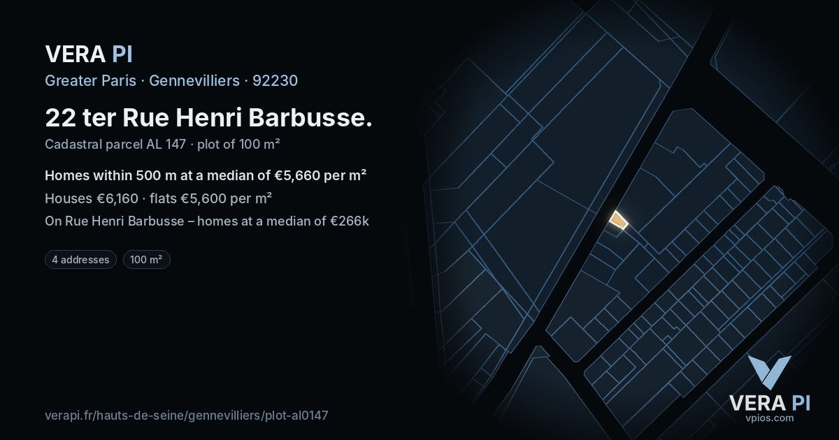 22 ter Rue Henri Barbusse, Gennevilliers at night – the plot lit, the parcels around coloured by the prices near them
