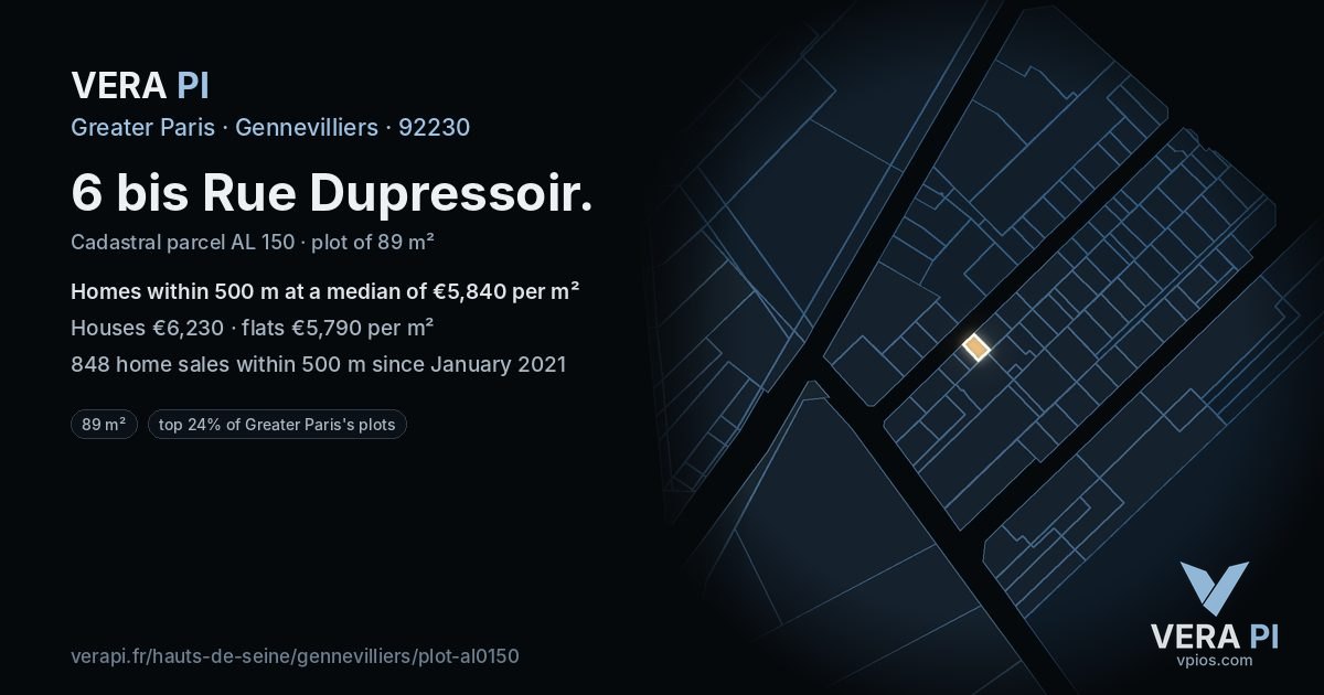 6 bis Rue Dupressoir, Gennevilliers at night – the plot lit, the parcels around coloured by the prices near them