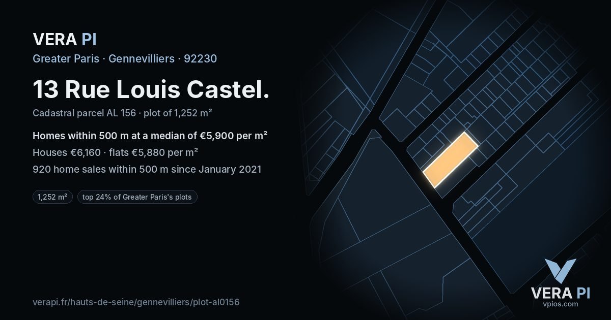 13 Rue Louis Castel, Gennevilliers at night – the plot lit, the parcels around coloured by the prices near them