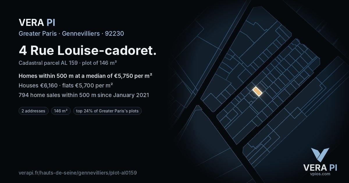 4 Rue Louise-cadoret, Gennevilliers at night – the plot lit, the parcels around coloured by the prices near them