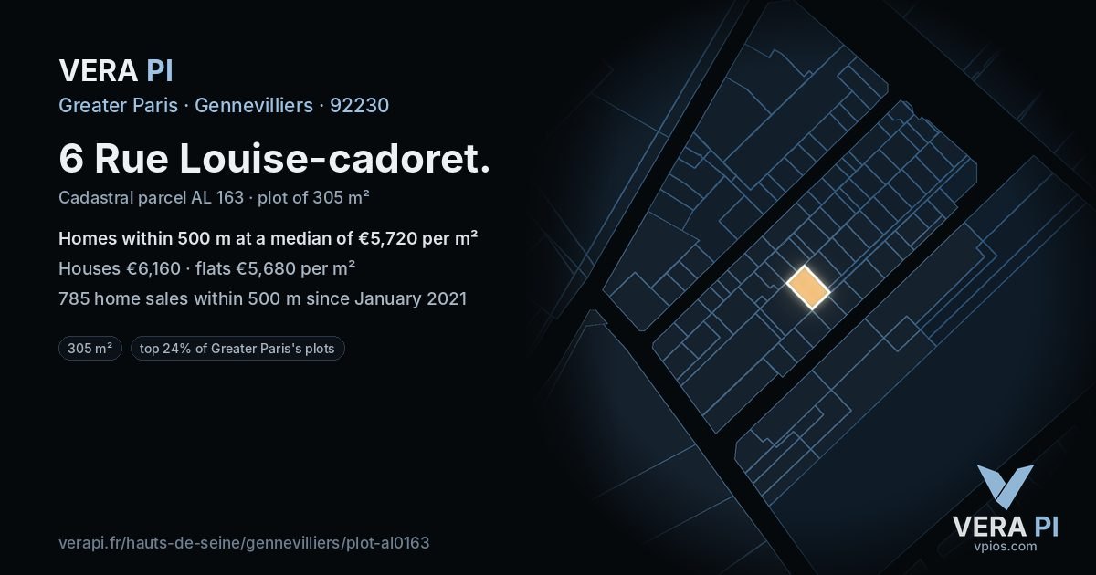 6 Rue Louise-cadoret, Gennevilliers at night – the plot lit, the parcels around coloured by the prices near them