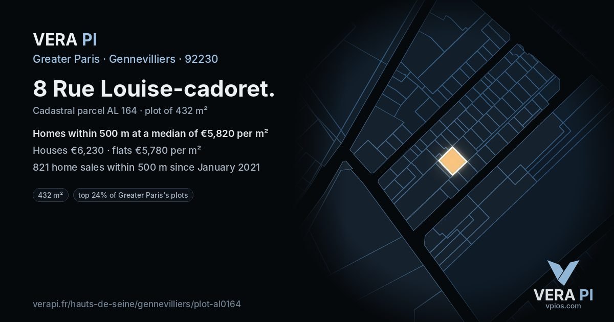 8 Rue Louise-cadoret, Gennevilliers at night – the plot lit, the parcels around coloured by the prices near them
