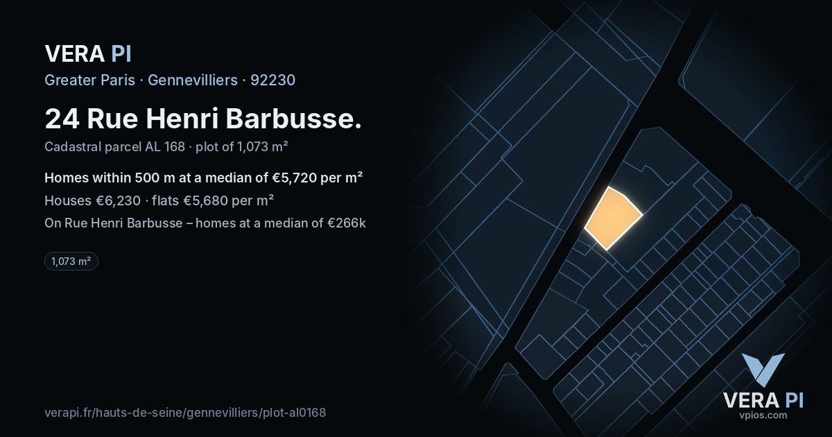24 Rue Henri Barbusse, Gennevilliers at night – the plot lit, the parcels around coloured by the prices near them