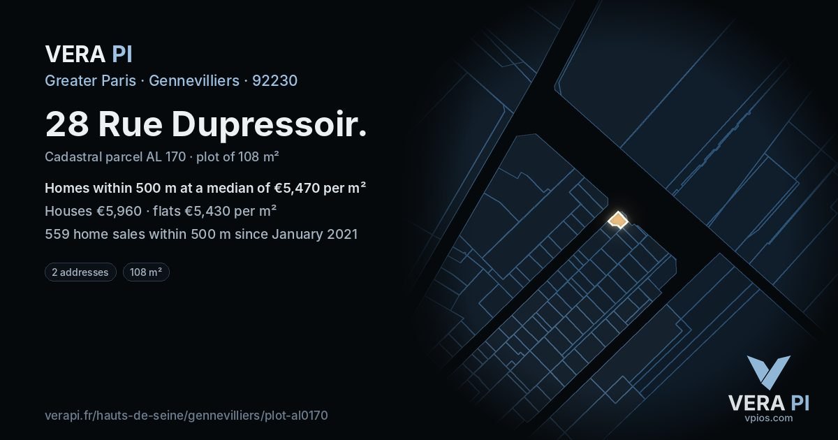 28 Rue Dupressoir, Gennevilliers at night – the plot lit, the parcels around coloured by the prices near them