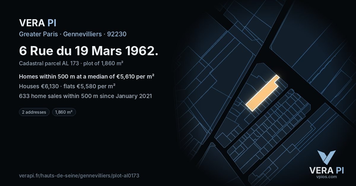 6 Rue du 19 Mars 1962, Gennevilliers at night – the plot lit, the parcels around coloured by the prices near them
