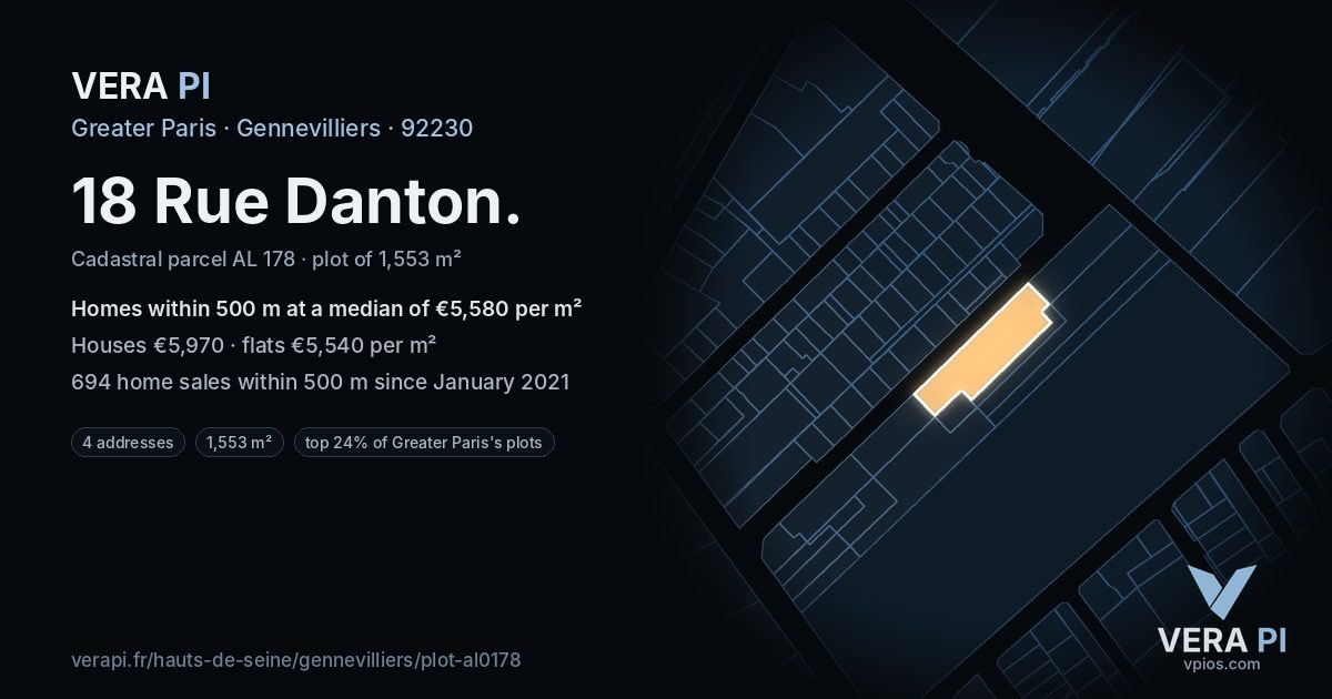 18 Rue Danton, Gennevilliers at night – the plot lit, the parcels around coloured by the prices near them