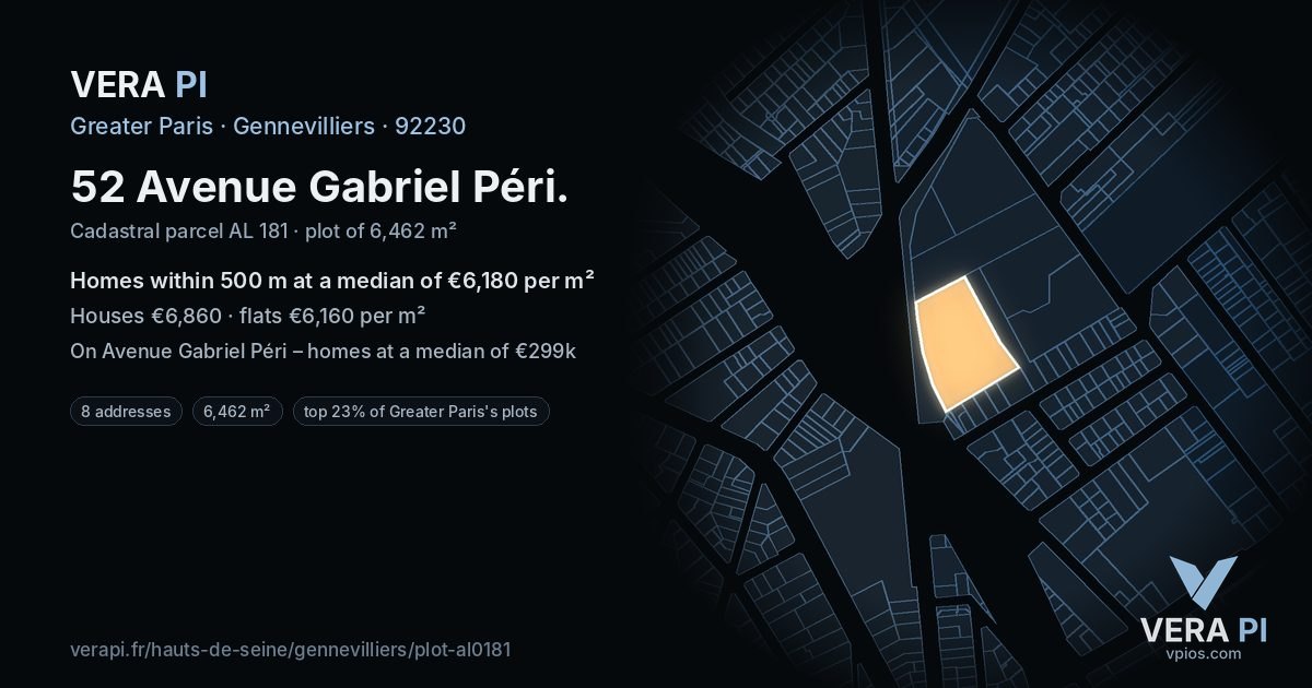 52 Avenue Gabriel Péri, Gennevilliers at night – the plot lit, the parcels around coloured by the prices near them