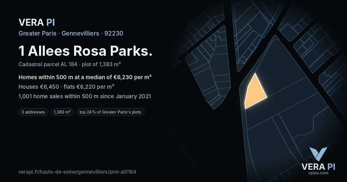 1 Allees Rosa Parks, Gennevilliers at night – the plot lit, the parcels around coloured by the prices near them