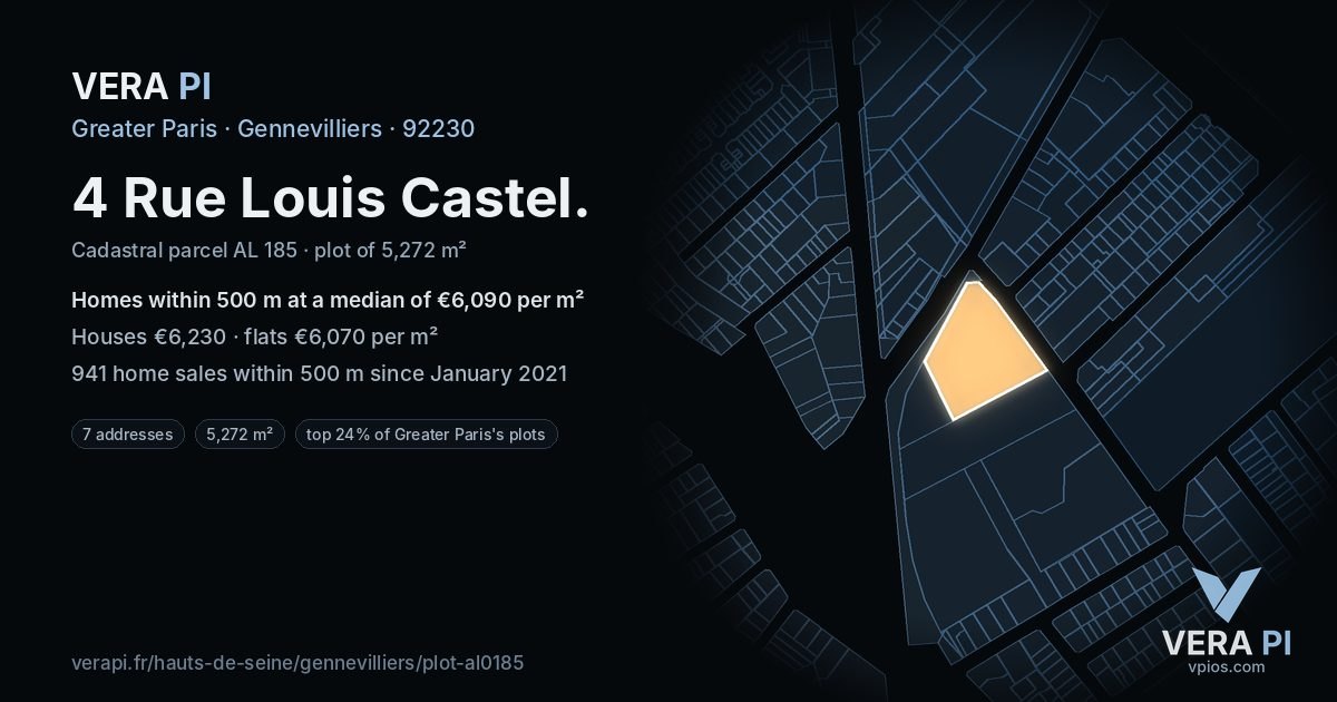 4 Rue Louis Castel, Gennevilliers at night – the plot lit, the parcels around coloured by the prices near them