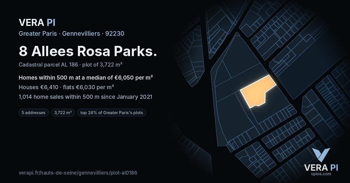 8 Allees Rosa Parks, Gennevilliers at night – the plot lit, the parcels around coloured by the prices near them