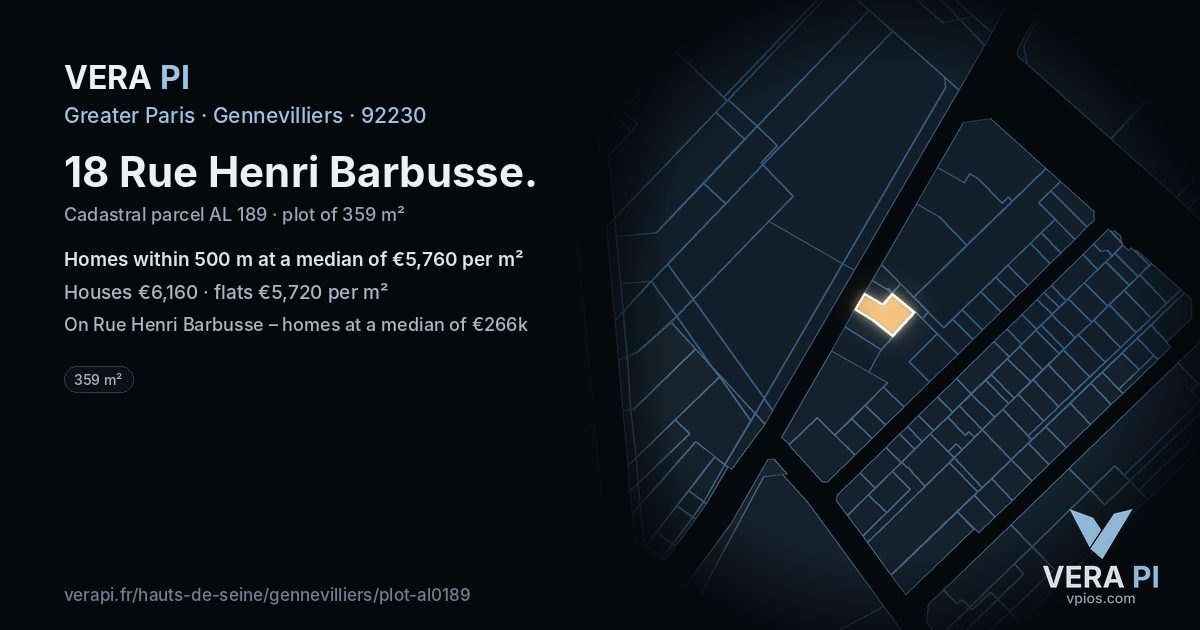 18 Rue Henri Barbusse, Gennevilliers at night – the plot lit, the parcels around coloured by the prices near them