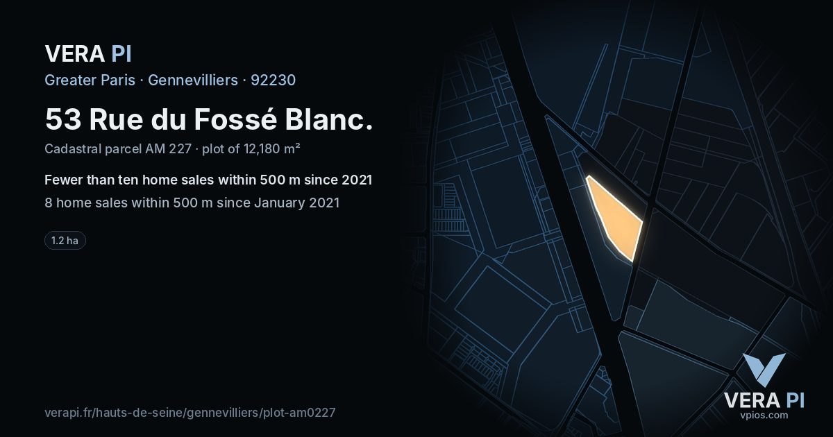 53 Rue du Fossé Blanc, Gennevilliers at night – the plot lit, the parcels around coloured by the prices near them