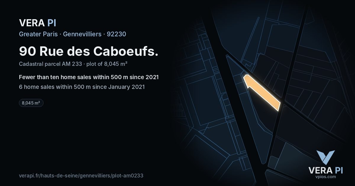 90 Rue des Caboeufs, Gennevilliers at night – the plot lit, the parcels around coloured by the prices near them