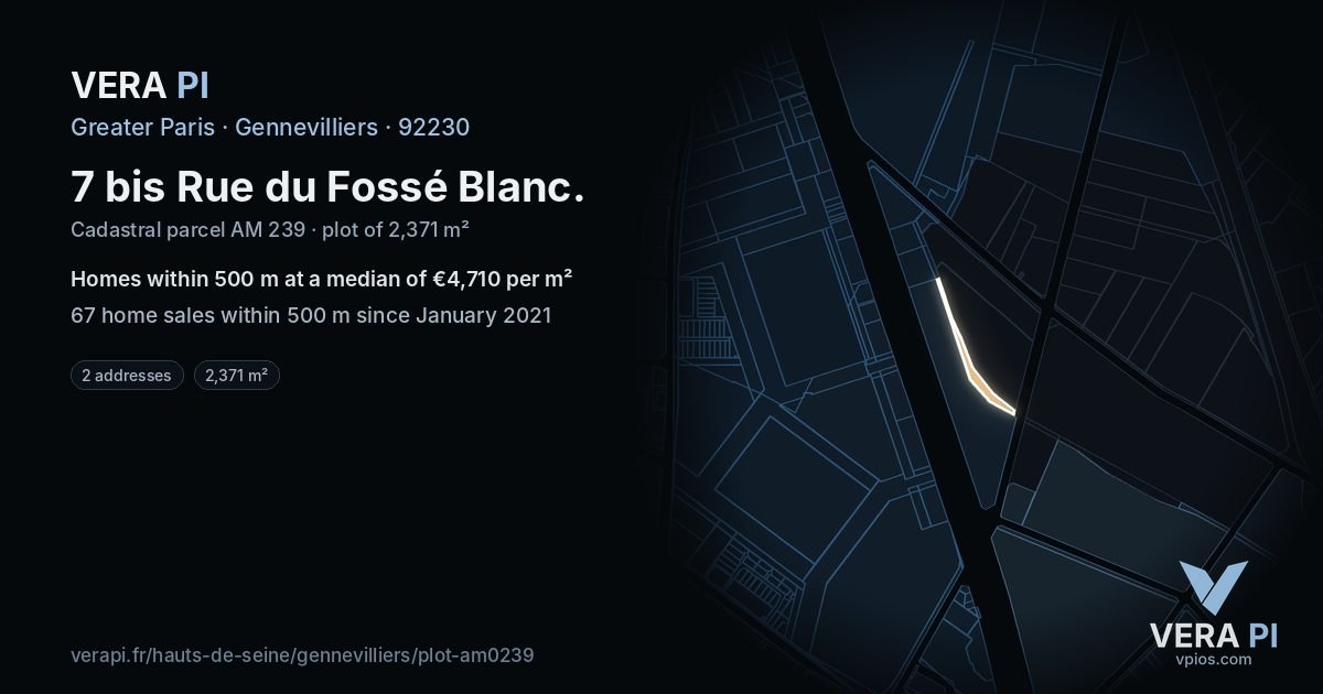 7 bis Rue du Fossé Blanc, Gennevilliers at night – the plot lit, the parcels around coloured by the prices near them