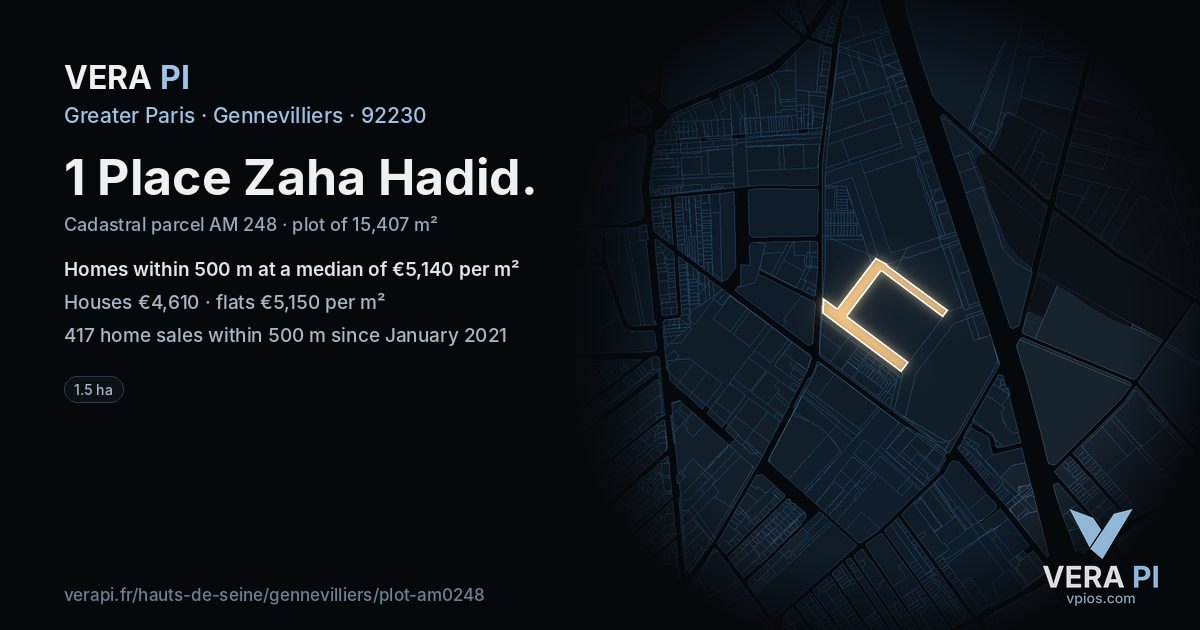 1 Place Zaha Hadid, Gennevilliers at night – the plot lit, the parcels around coloured by the prices near them