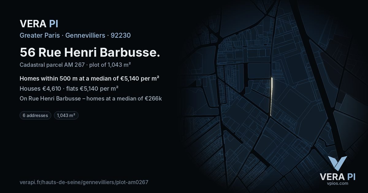 56 Rue Henri Barbusse, Gennevilliers at night – the plot lit, the parcels around coloured by the prices near them