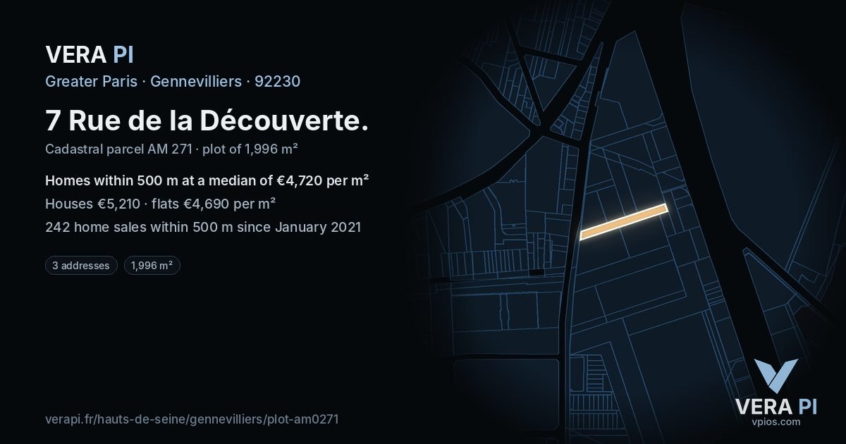 7 Rue de la Découverte, Gennevilliers at night – the plot lit, the parcels around coloured by the prices near them