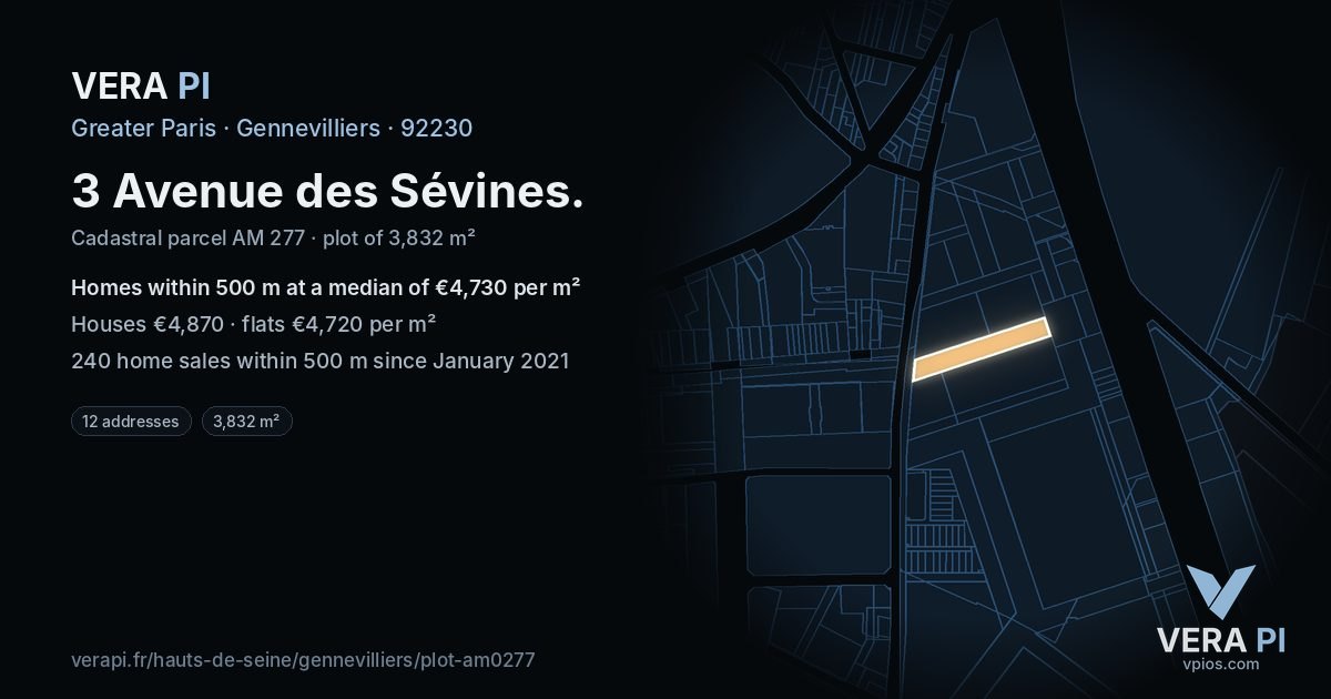 3 Avenue des Sévines, Gennevilliers at night – the plot lit, the parcels around coloured by the prices near them