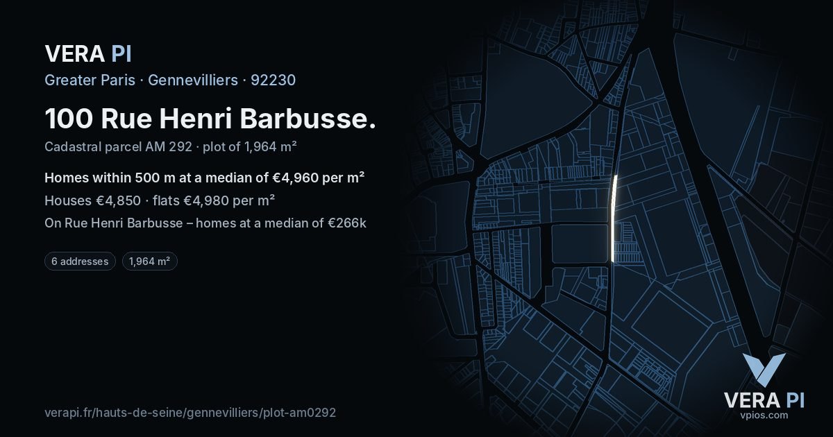 100 Rue Henri Barbusse, Gennevilliers at night – the plot lit, the parcels around coloured by the prices near them