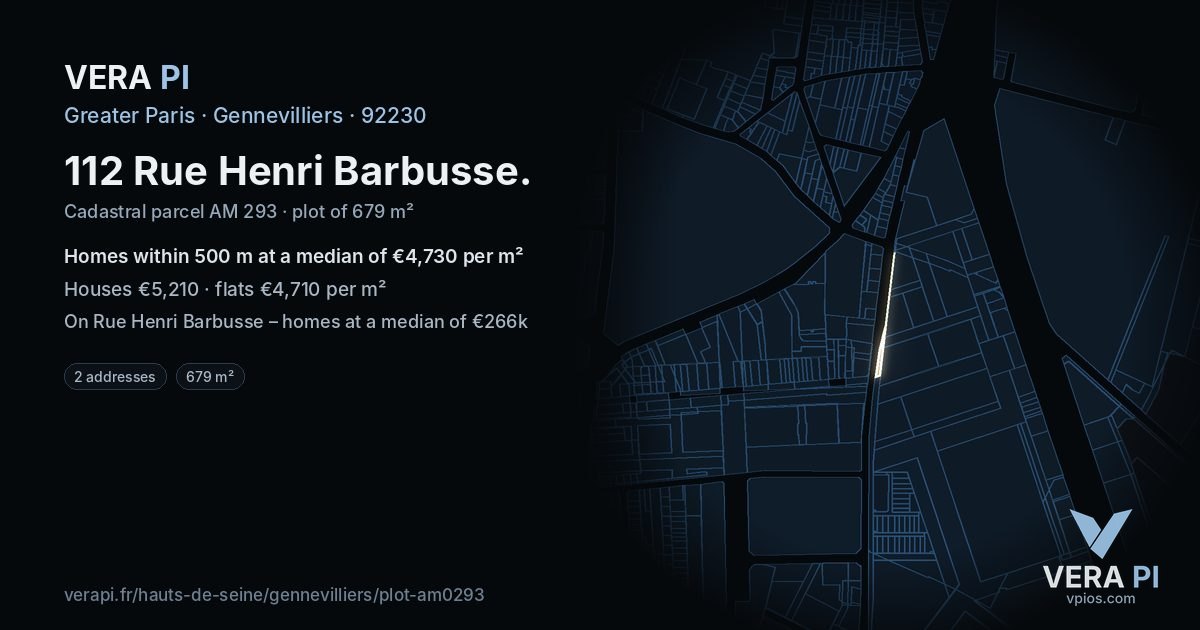 112 Rue Henri Barbusse, Gennevilliers at night – the plot lit, the parcels around coloured by the prices near them