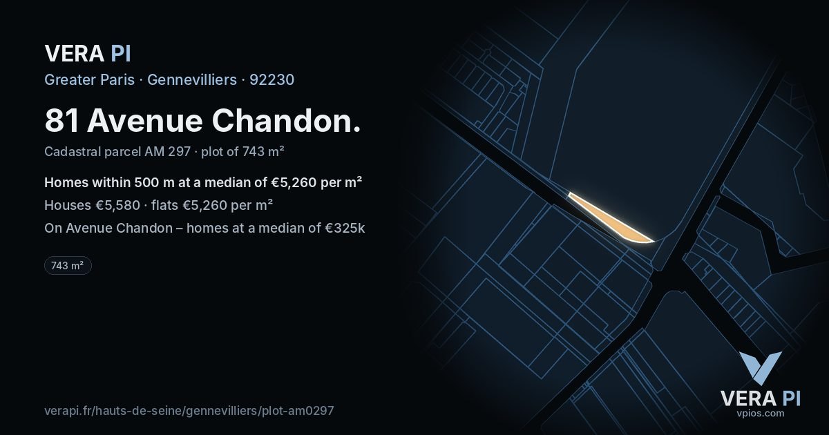 81 Avenue Chandon, Gennevilliers at night – the plot lit, the parcels around coloured by the prices near them
