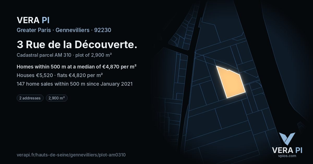 3 Rue de la Découverte, Gennevilliers at night – the plot lit, the parcels around coloured by the prices near them