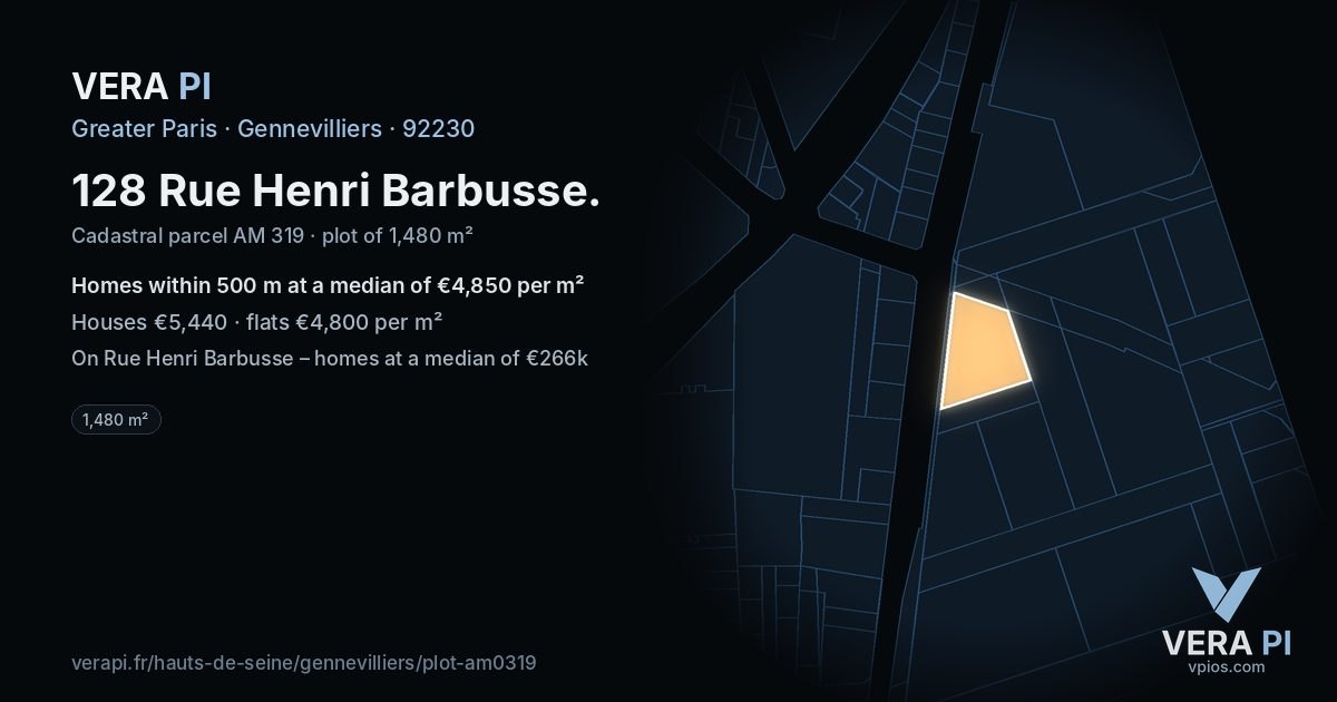 128 Rue Henri Barbusse, Gennevilliers at night – the plot lit, the parcels around coloured by the prices near them
