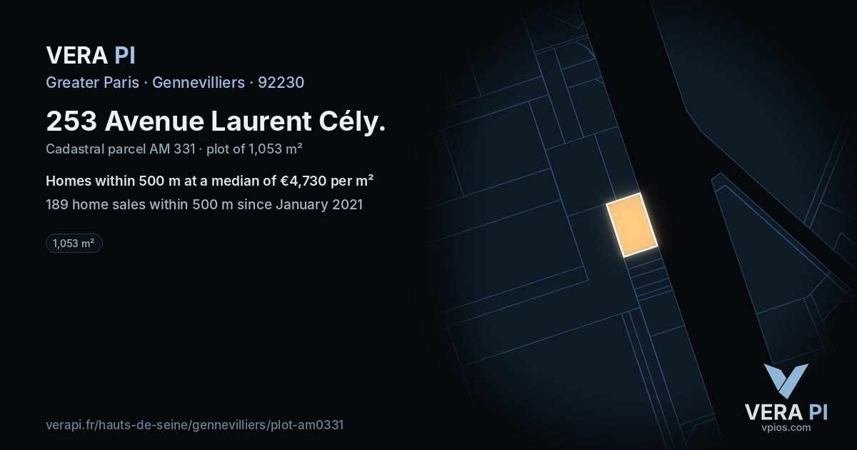253 Avenue Laurent Cély, Gennevilliers at night – the plot lit, the parcels around coloured by the prices near them